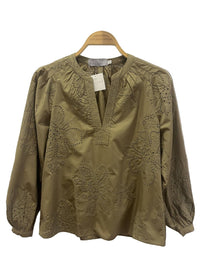 Nyland Women's Eponine Split Neck Blouse in olive green - women's blouse