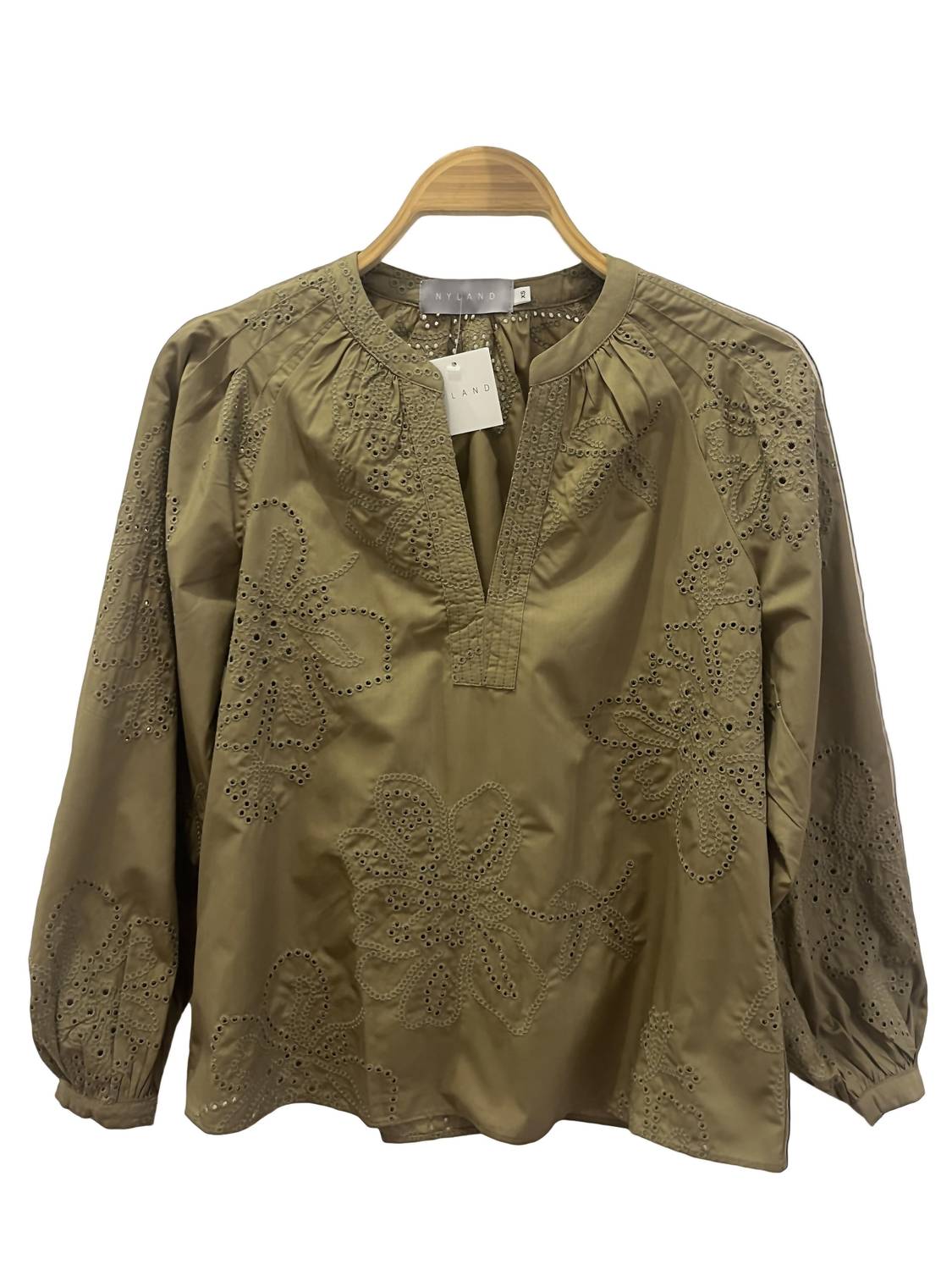Nyland Women's Eponine Split Neck Blouse in olive green - women's blouse
