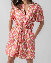 Lilla P Printed Voile Shirred Elbow Sleeve Dress in punch ikat print - women's dress