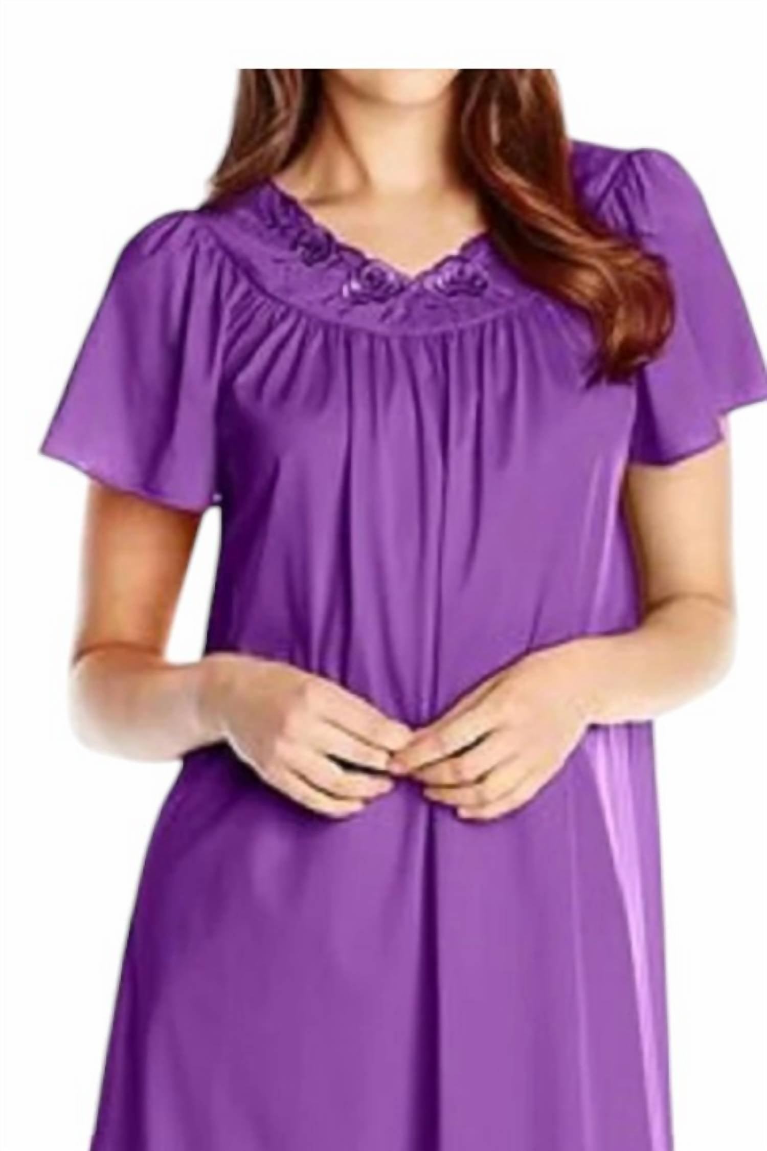 Shadowline Lingerie - Short Gown With Flower Petal Embroidery And Flutter Sleeves