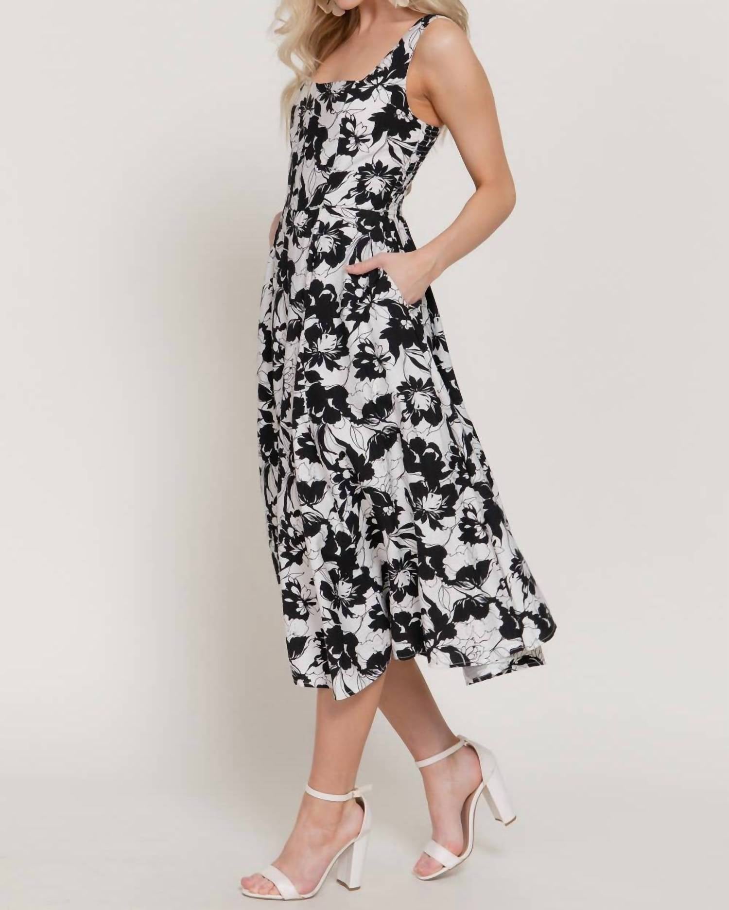 Active Basic Square Neckline Printed Full Dress in ivory black - women's dress - detail view
