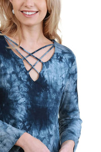 umgee Crossed Tie Dye Bell Sleeve Top in blue - women's shirt