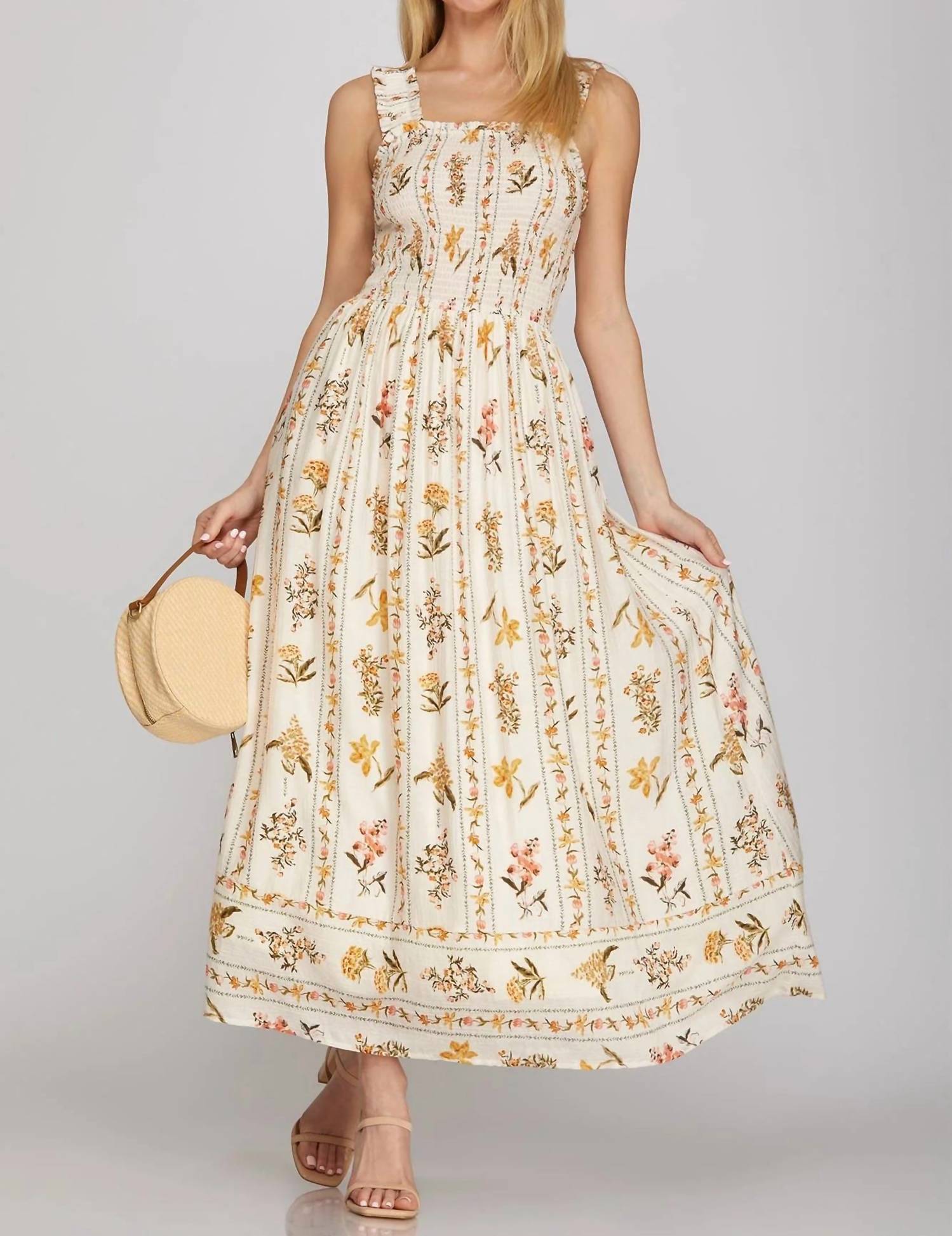 She + Sky - Sleeveless Print Smocked Maxi Dress