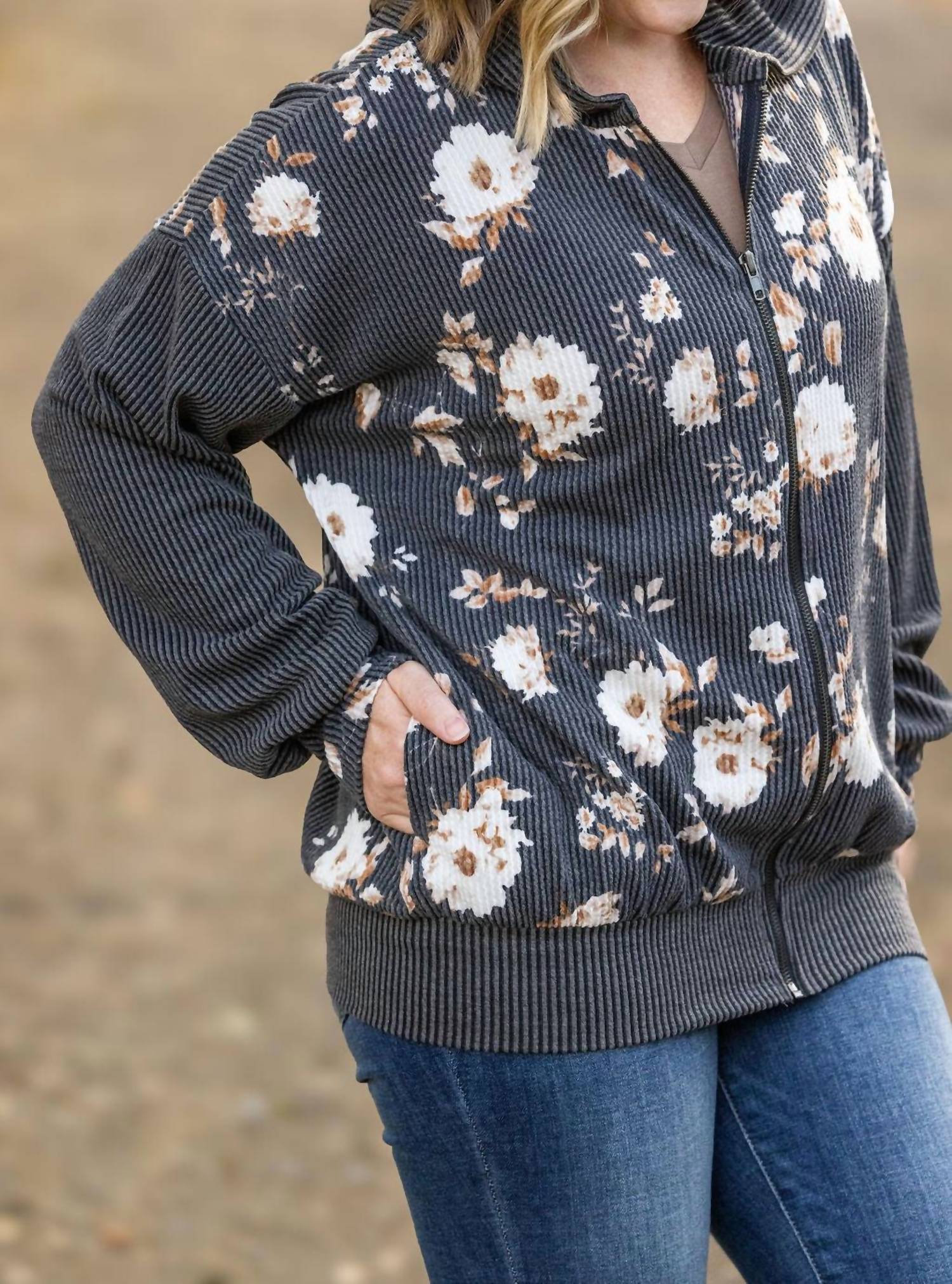 Michelle Mae - Ramona Ribbed Floral Zip Up Hooded Bomber Jacket