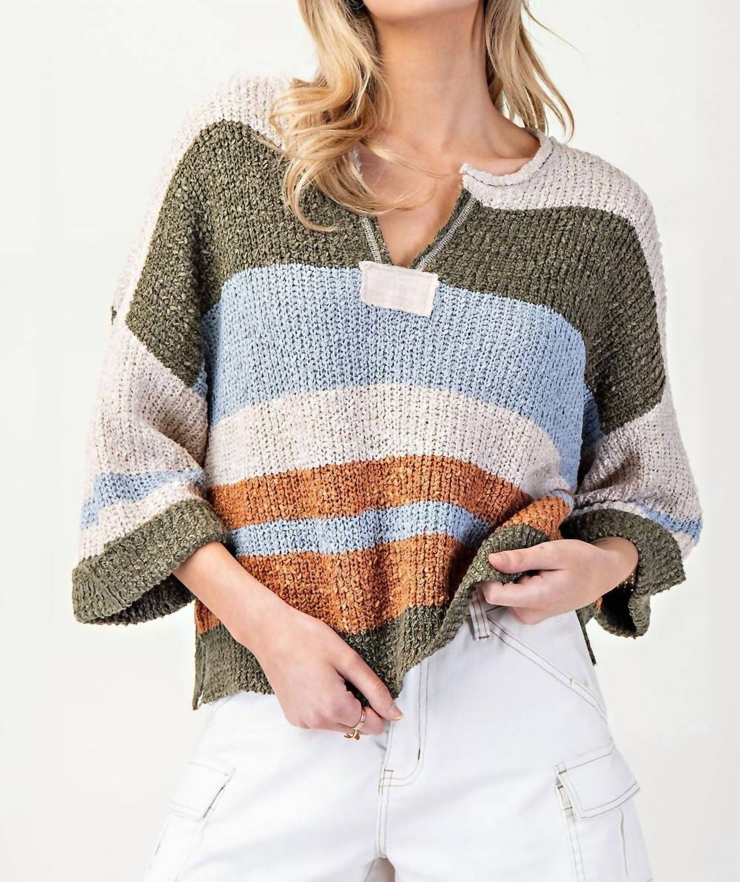 Ee:Some - Striped Notched Collar Top