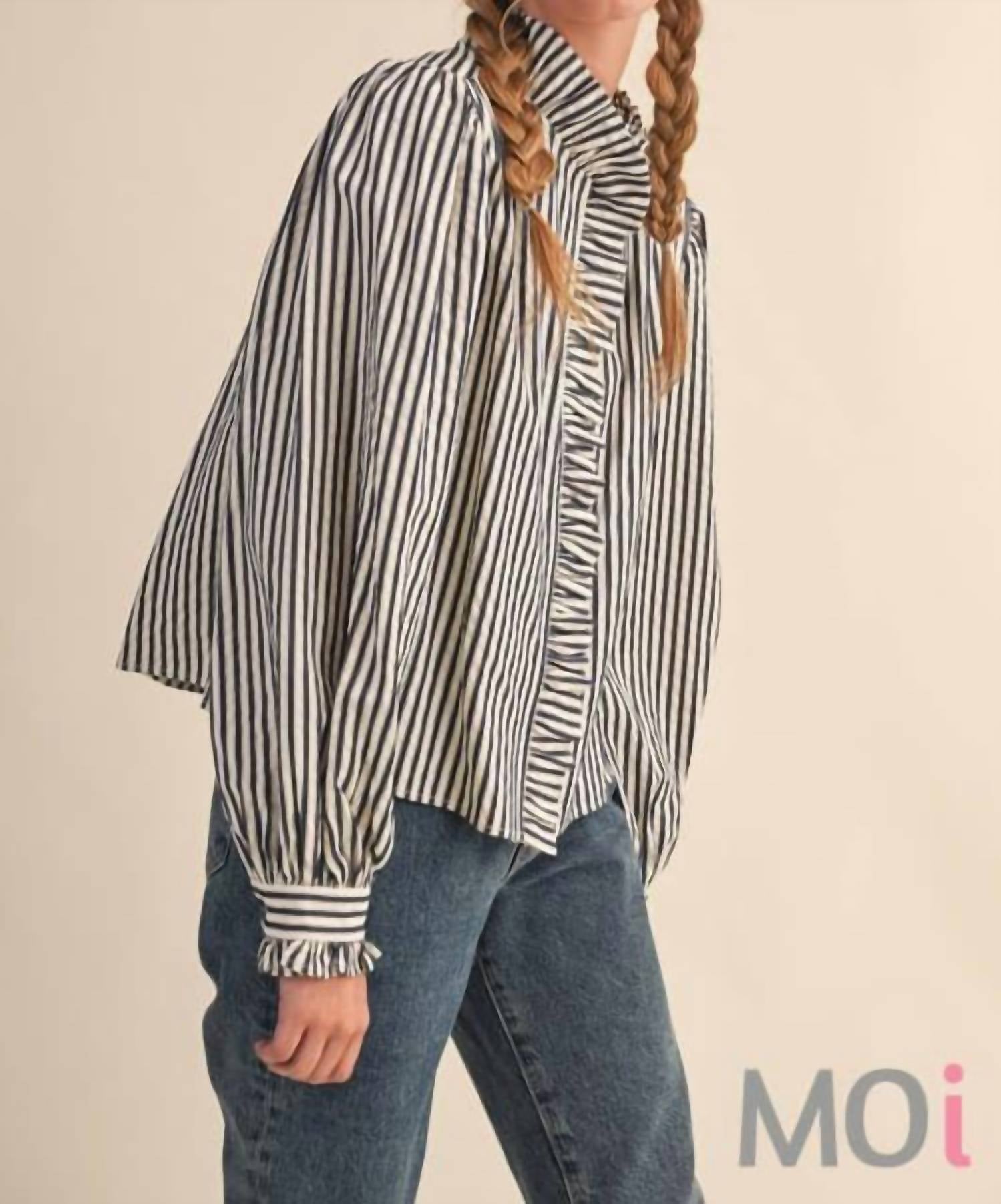 &Merci - Striped Ruffle Button Down Shirt