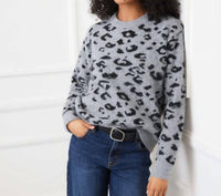 Karen Kane Metallic Animal Print Crewneck Sweater in gray with black - women's sweater - view 4