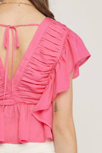 Entro - Solid V-neck Butterfly Sleeve Top
