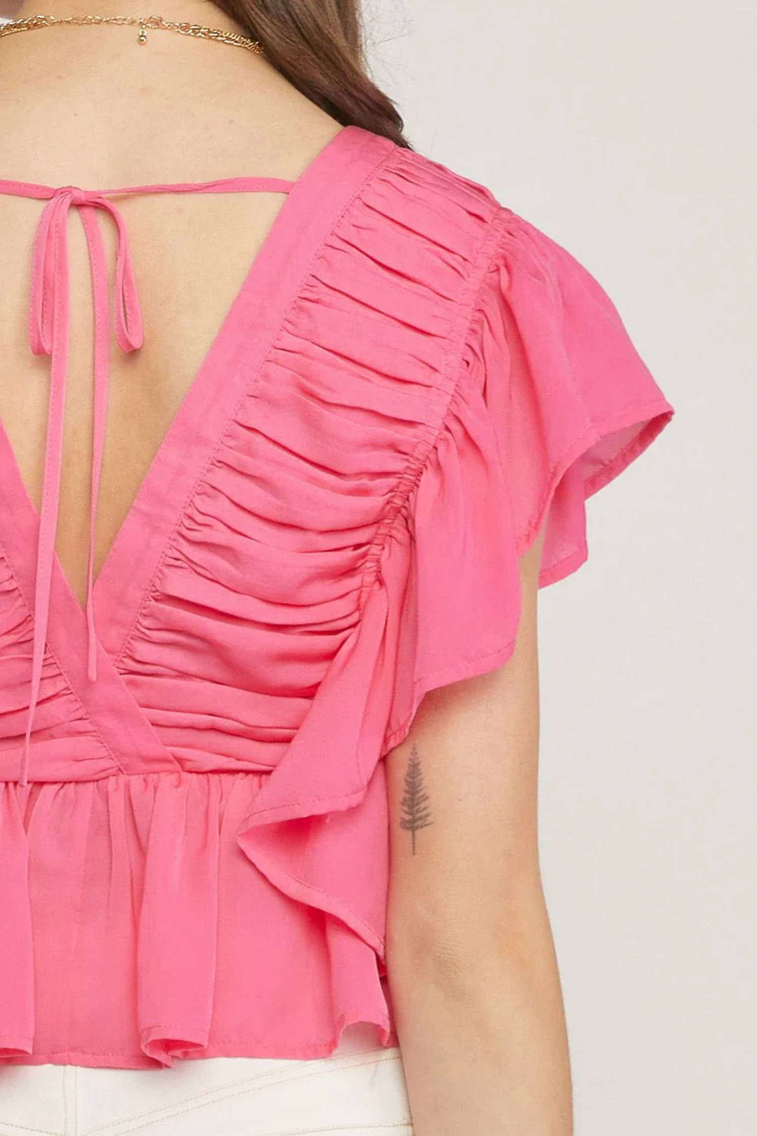 Entro - Solid V-neck Butterfly Sleeve Top