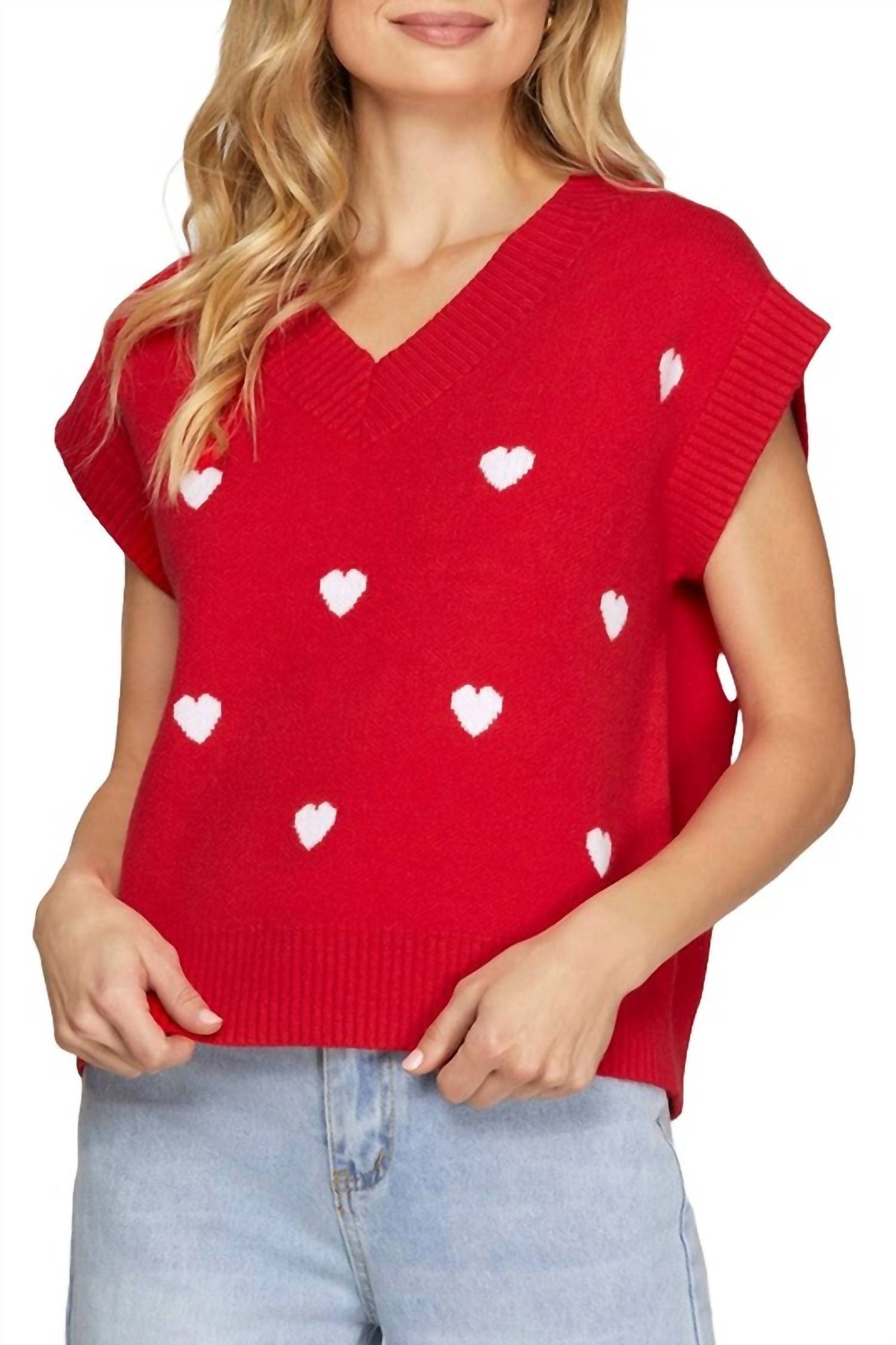 She + Sky - V-NECK HEART PATTERN SWEATER VEST