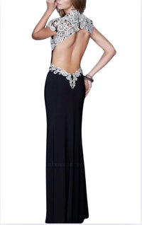 La Femme - jersey dress with an elegant embroidered bodice and sheer cap sleeves.
