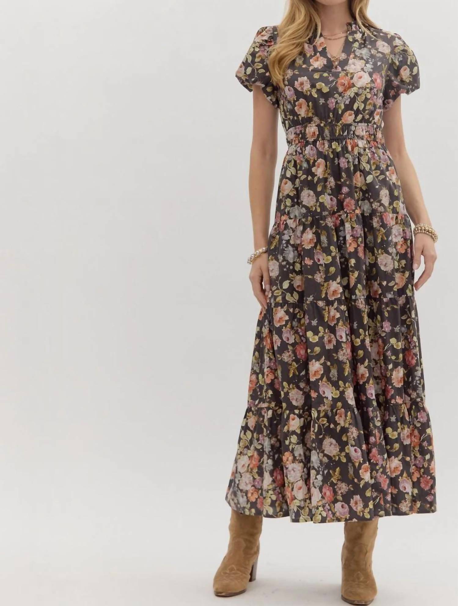 Entro - Women's Floral Puff Sleeve Midi Dress