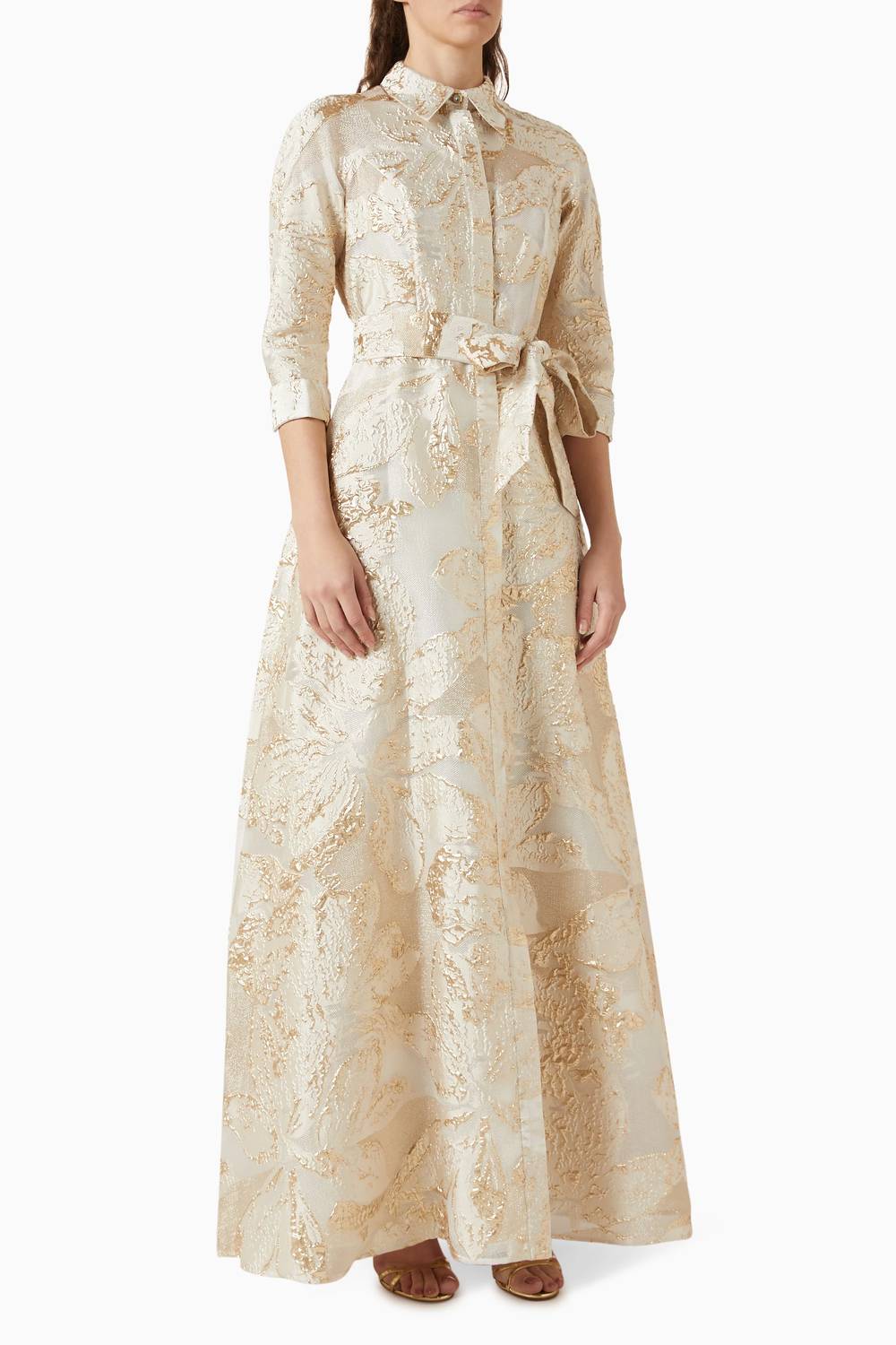Teri Jon - Metallic Burn Out Jacquard Shirt Waist Gown