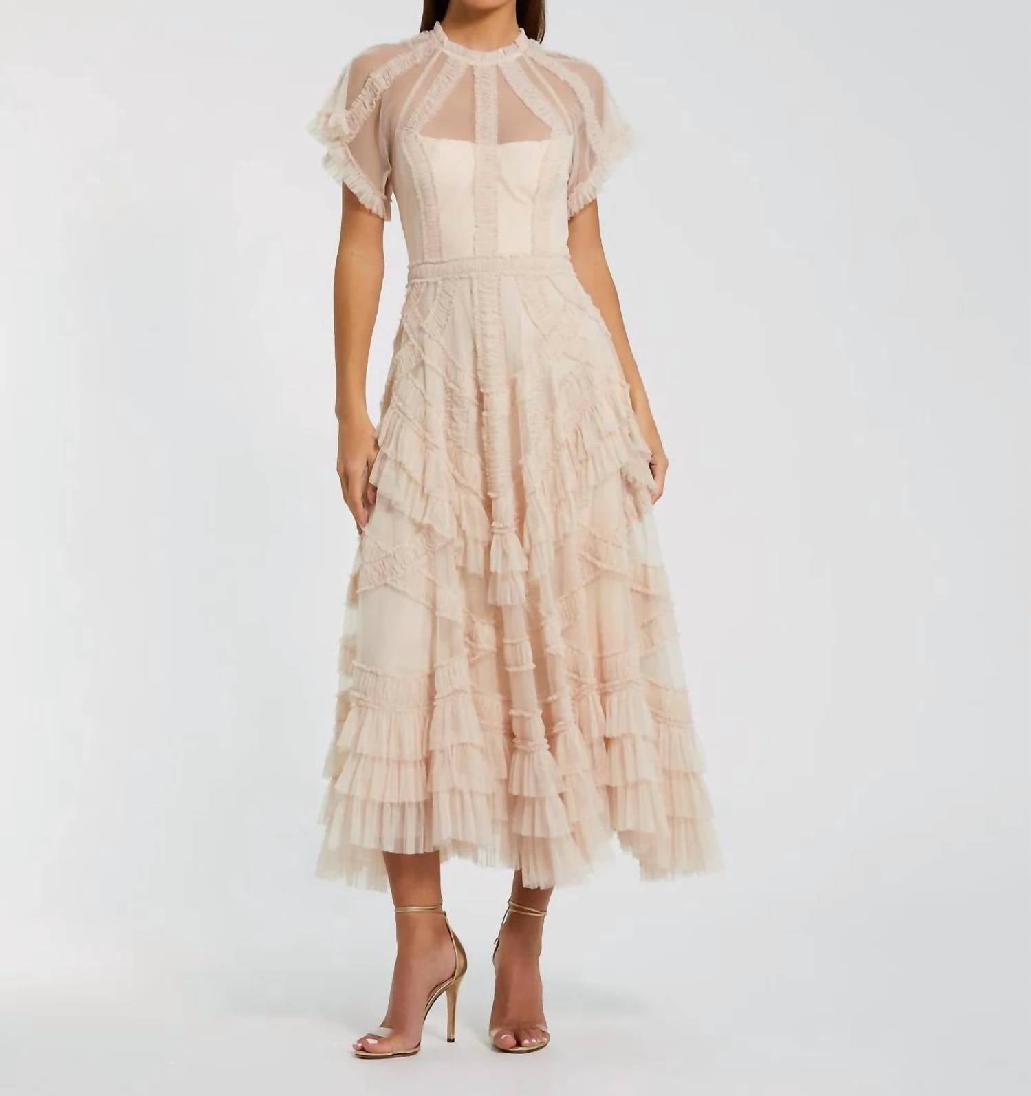 Mac Duggal - Flutter Sleeve Micro Ruffle Midi Dress