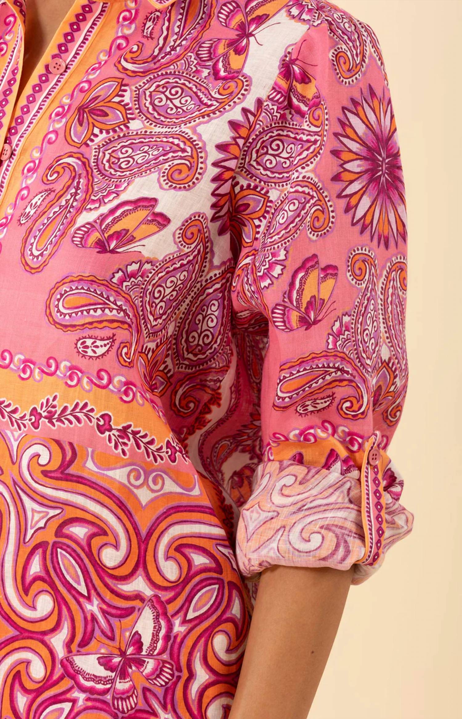 Hale Bob - Harlee Border Print Linen Long Sleeve Blouse Top