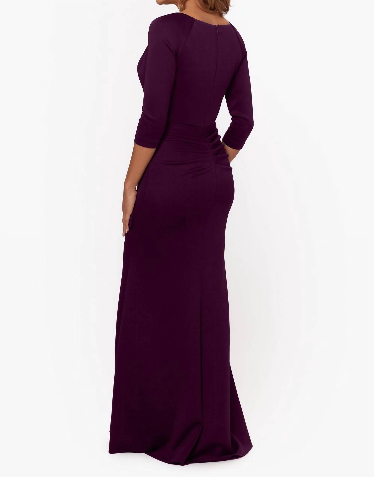 Xscape Lexi Side-slit Scuba V-neck Party Dress in plum - women's dress - detail view