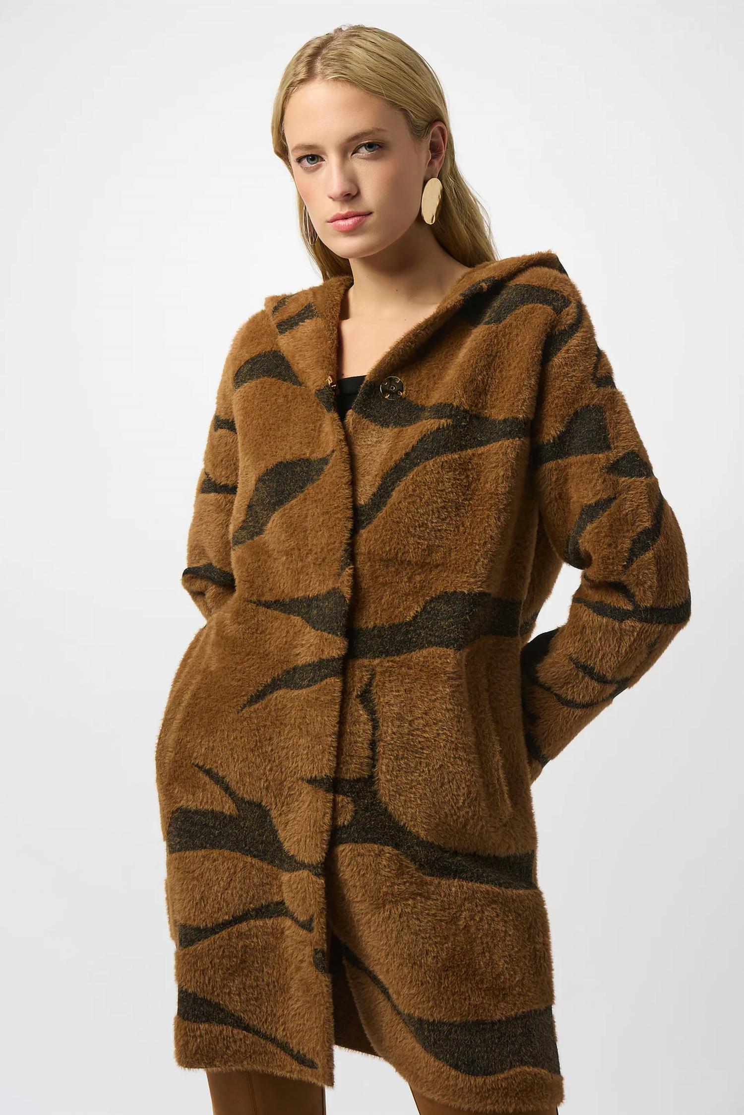 Joseph Ribkoff - Animal Print Hooded Faux Fur Coat