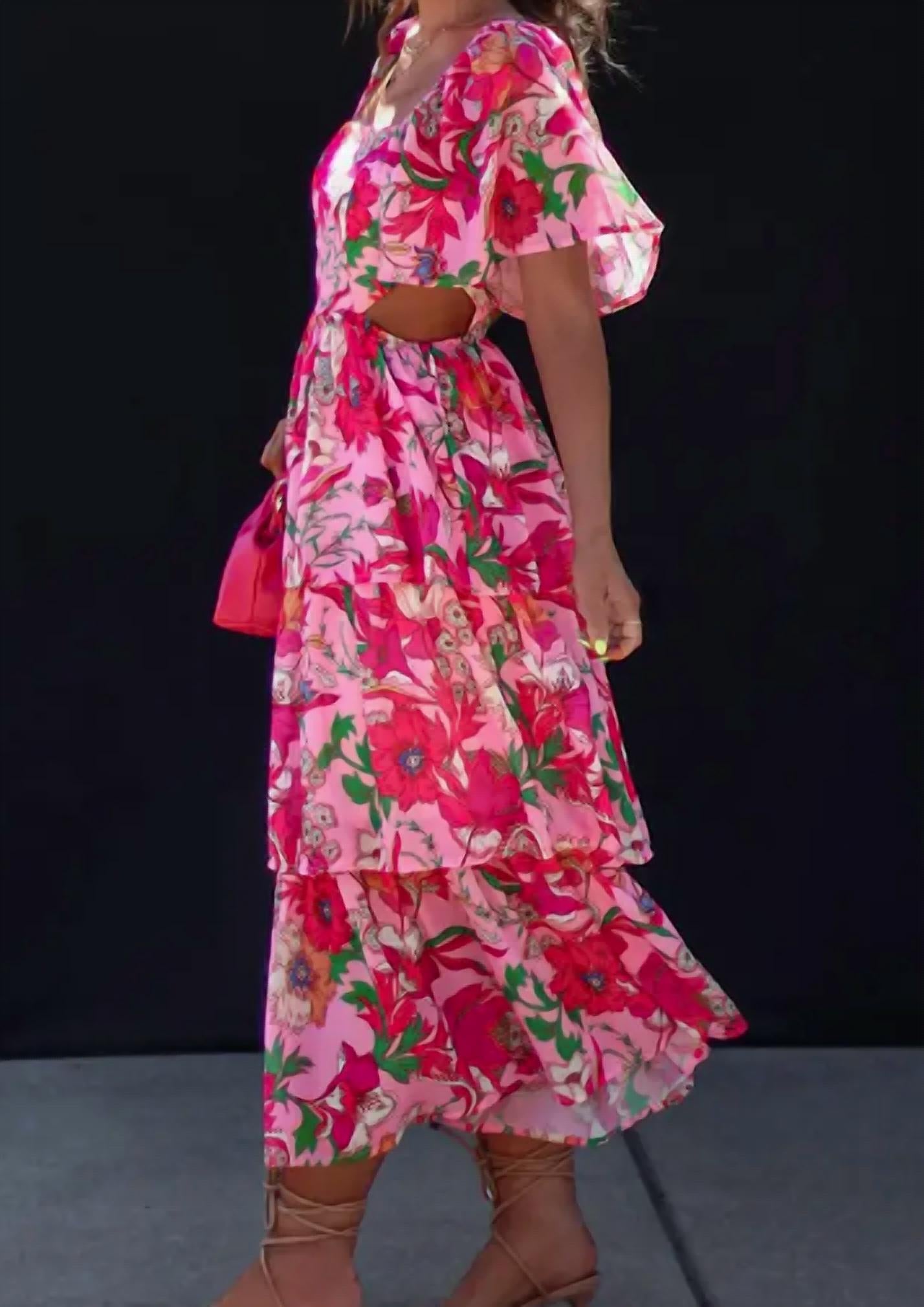 UNISHE Spring Fling Cutout Dress in pink multi - women's dress - detail view