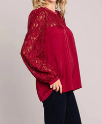 Davi & Dani - Soft Satin Blouse With Contrast Lace Neck