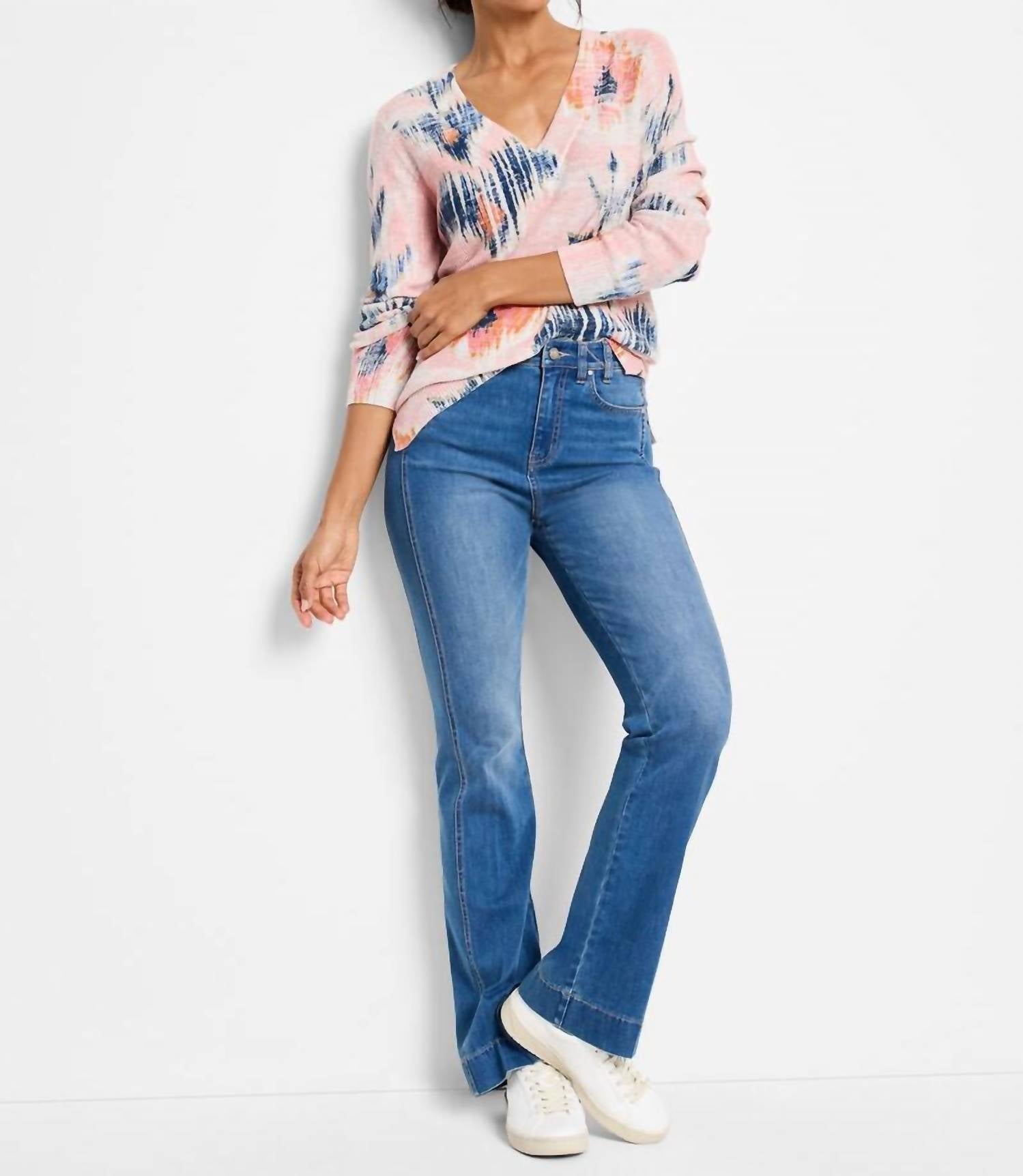 Nic + Zoe - Alivia Abstract Floral Waffle Stitch V-neck Sweater