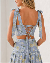 Mable - Positano Floral Printed Crop Top And Midi Skirt Set