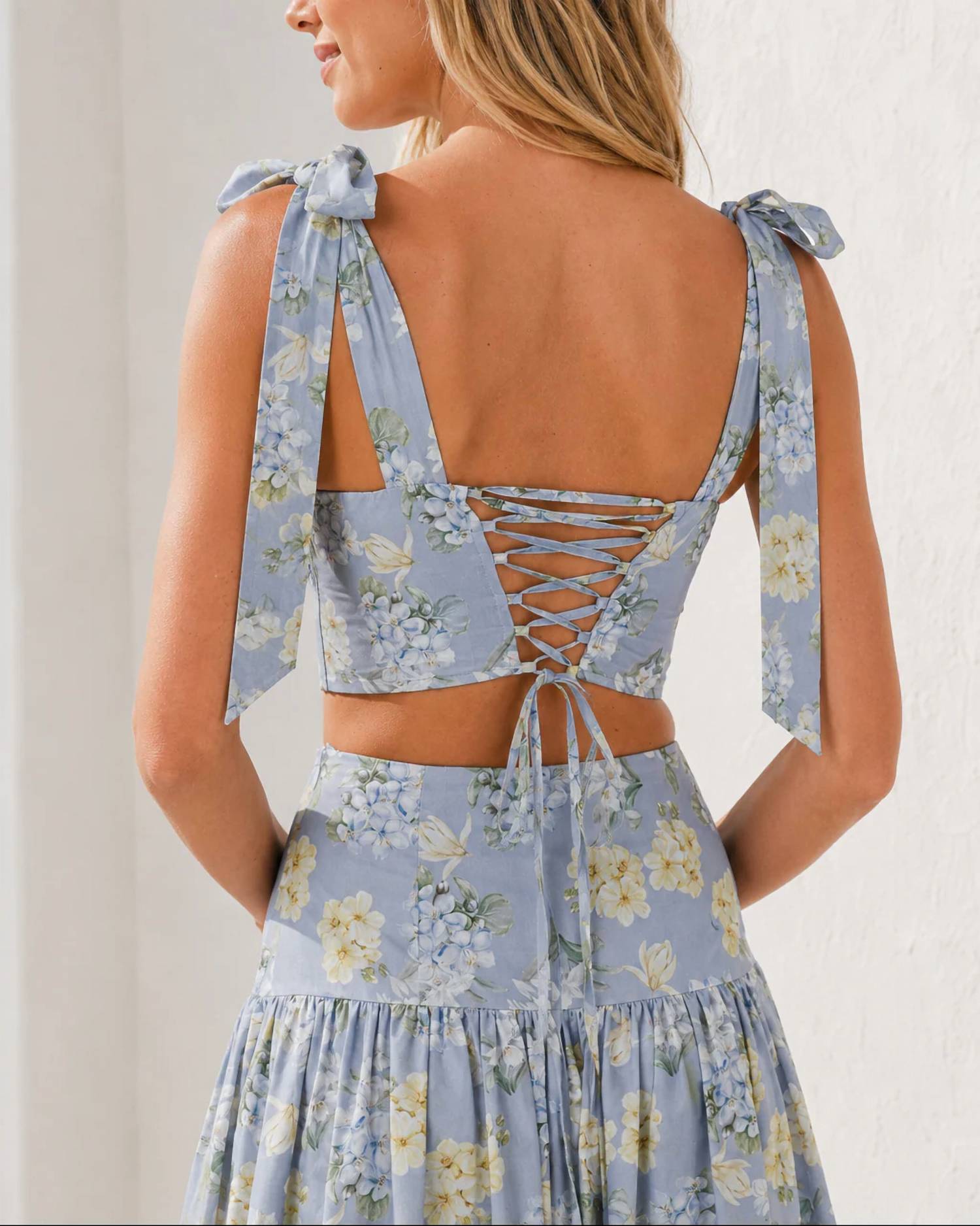 Mable - Positano Floral Printed Crop Top And Midi Skirt Set
