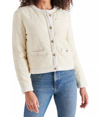 STEVE MADDEN Coppelia Tweed-trim Puffer Jacket in cream tan - women's jacket