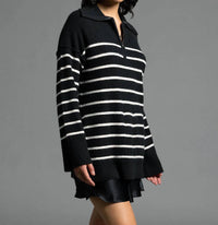 Weekend Los Angeles Coralie Zip Up Sweater in black ivory stripe - women's long sleeve top - alternate view
