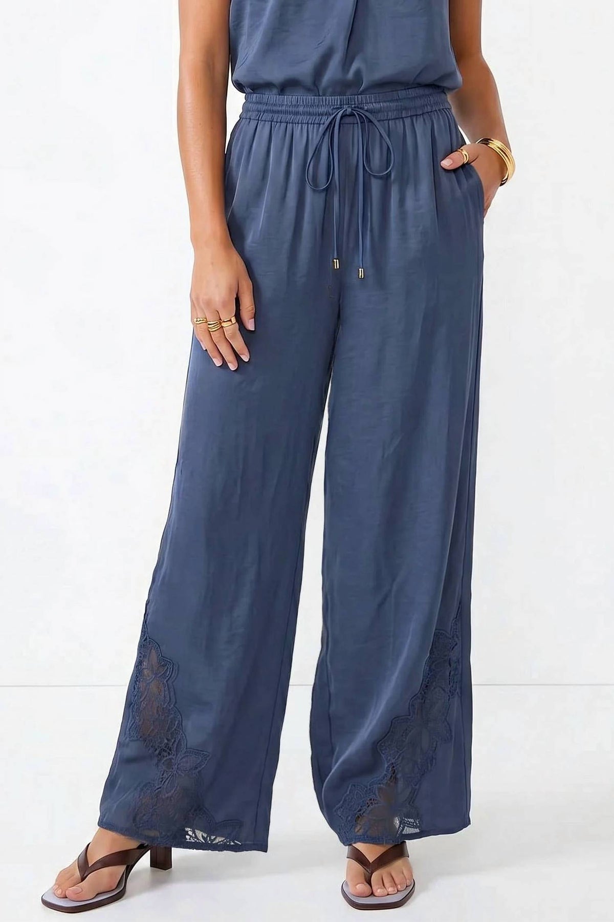 Naked Zebra - Floral Lace Detail Wide Leg Pants