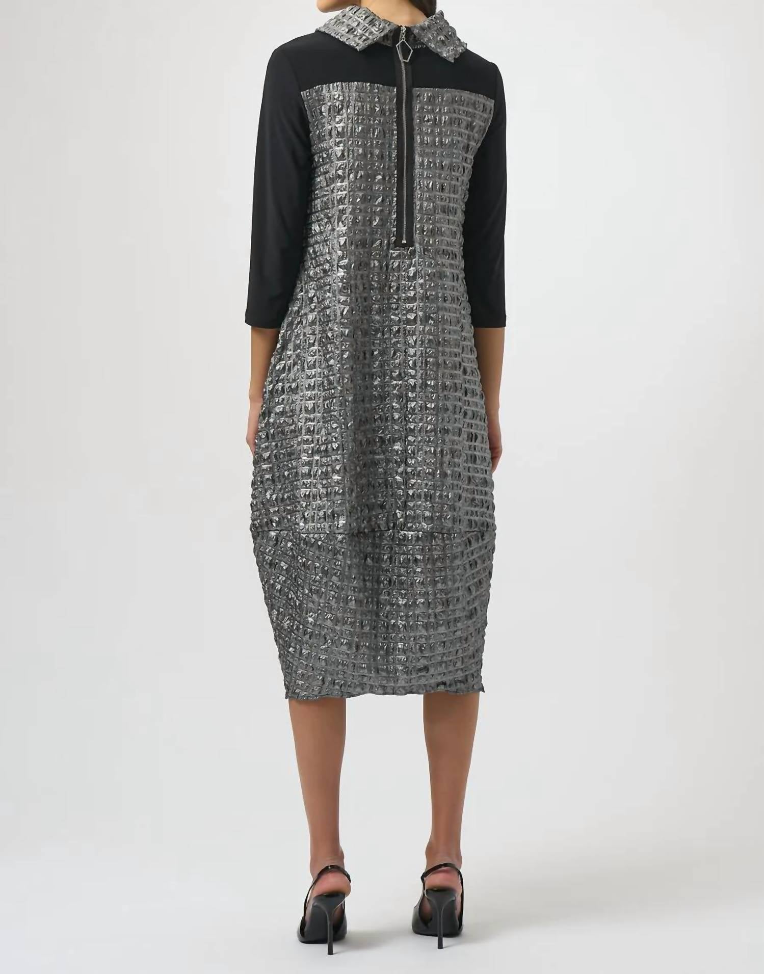 Joseph Ribkoff Cowl Neck 3/4 Sleeves Cocoon Dress in pewter black - women's dress - detail view