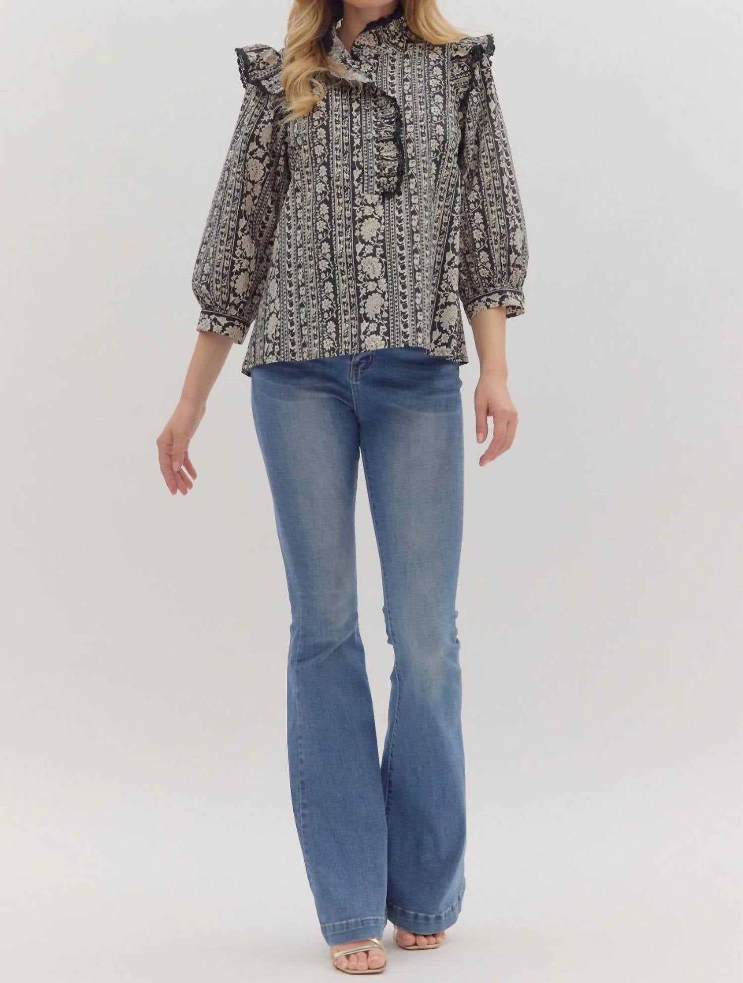 Entro - Floral Striped Flounced Top