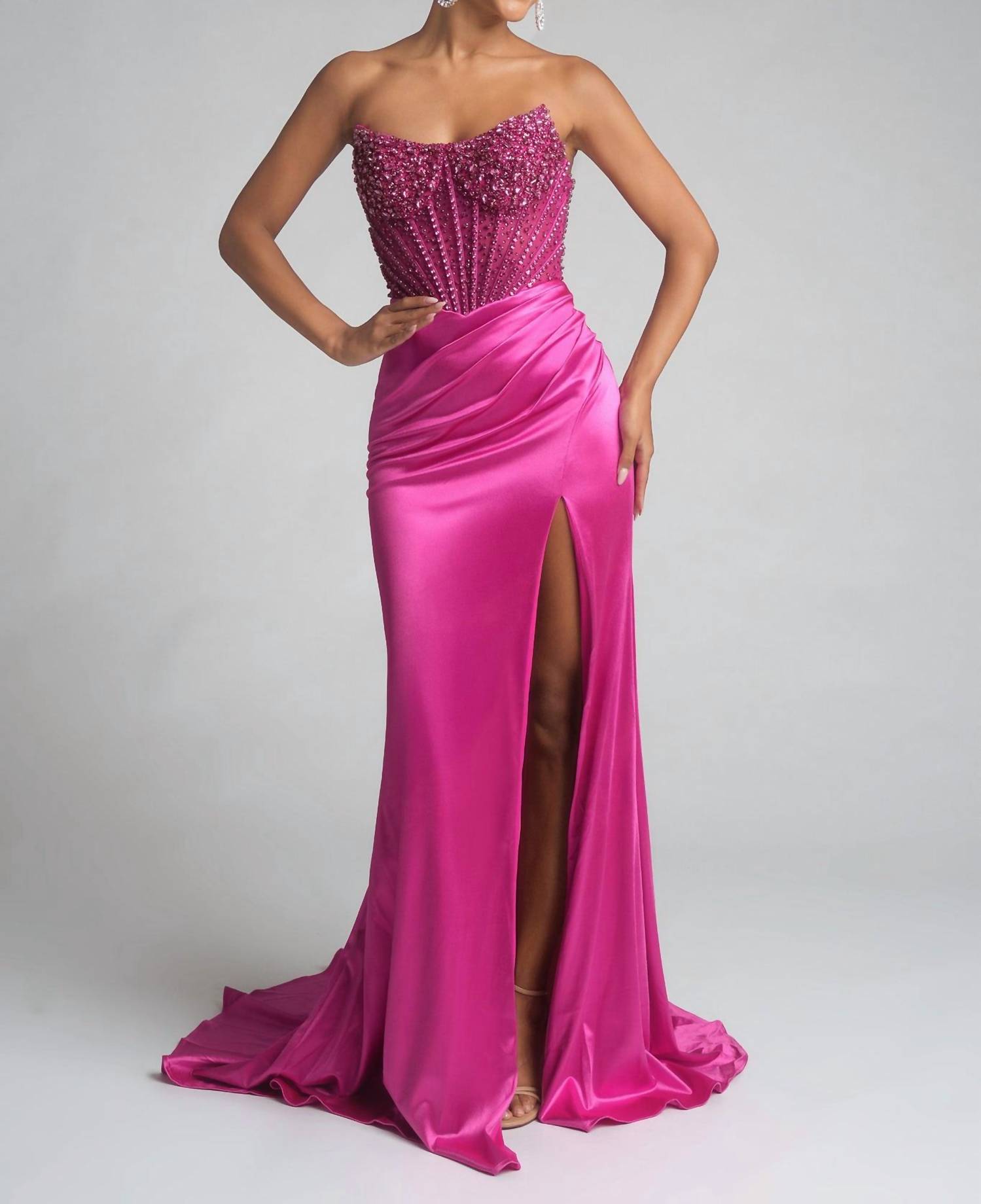 PORTIA&SCARLETT Stunning Satin Daring Prom Gown in fuchsia - women's dress