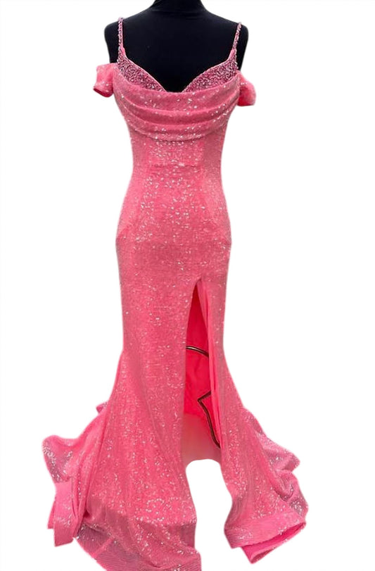 Ava Presley - Sequin Cowl Neck Off-shoulder Gown