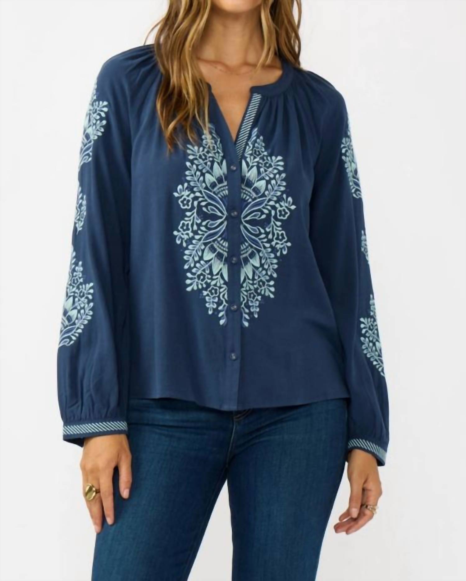 Mint - Sky Blooms Embroidered Raglan Button Blouse