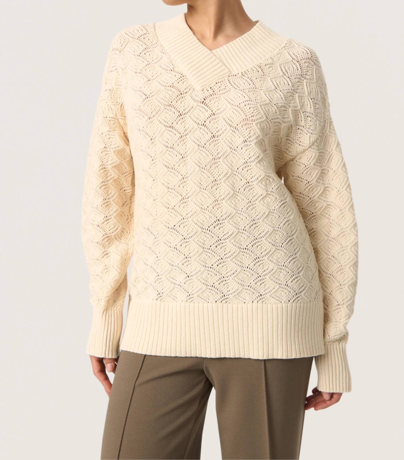 Soaked In Luxury - Musling V-neck Pointelle Knit Pullover Sweater