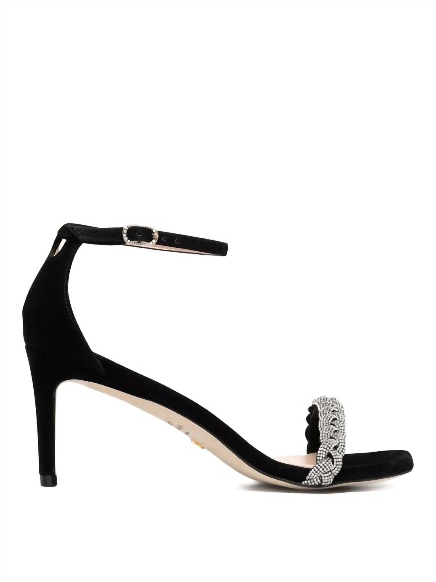 STUART WEITZMAN Women's Nudistcurve Highshine Sandal in black - women's sandal - detail view