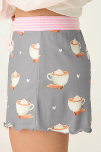 PJ Salvage Women's Love You A Latte Coffee Print Shorts in charcoal - women's shorts - detail view