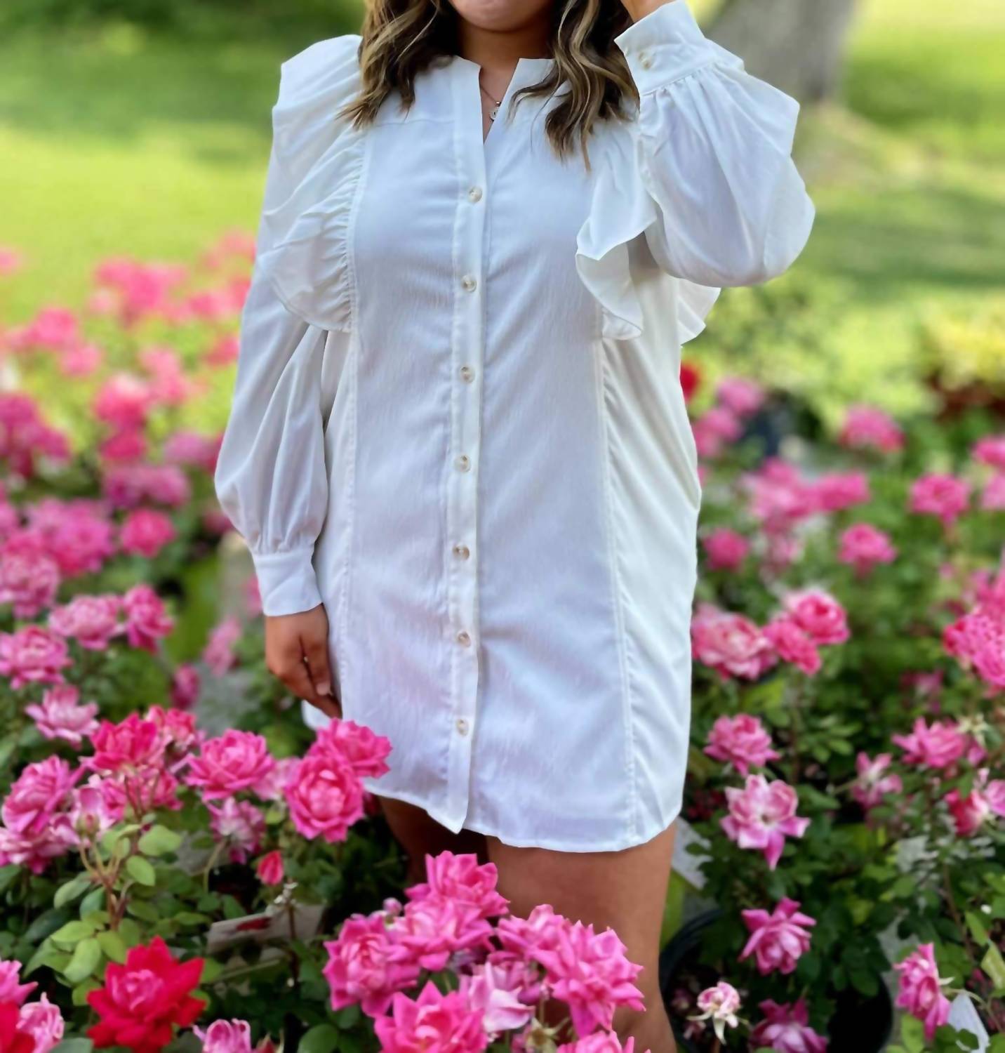 entro Ruffle Shoulder Button Up Mini Dress in white - women's dress - view 9