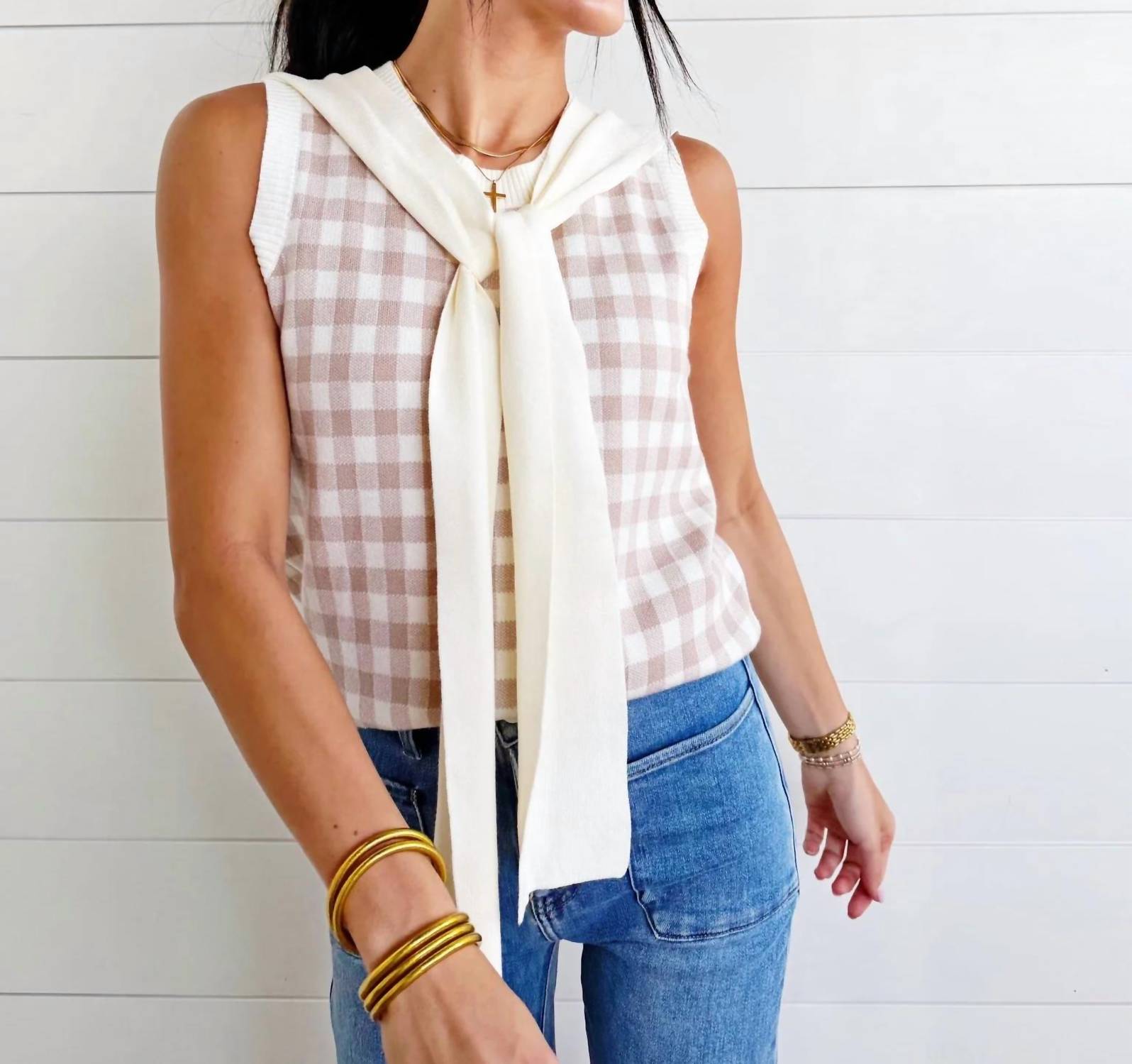 Faire - Women's Plaid Knit Detachable Shawl Wrap Sweater Tank Top