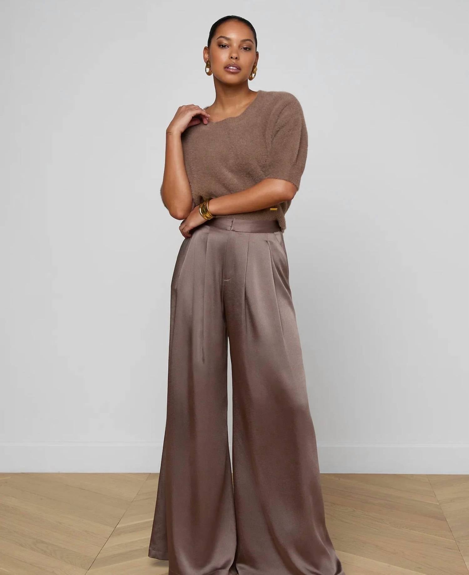 L'Agence Aubrie Satin Pants in brown - women's pants - alternate view