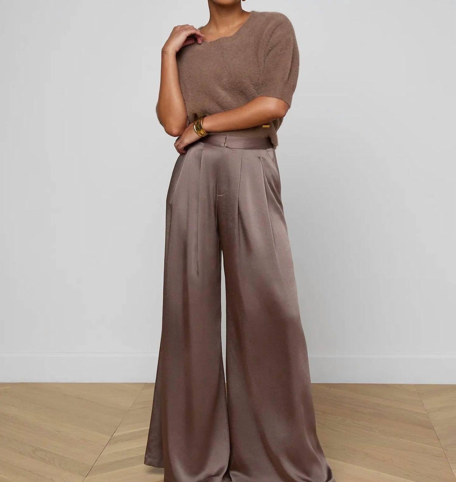 L'Agence Aubrie Satin Pants in brown - women's pants - detail view