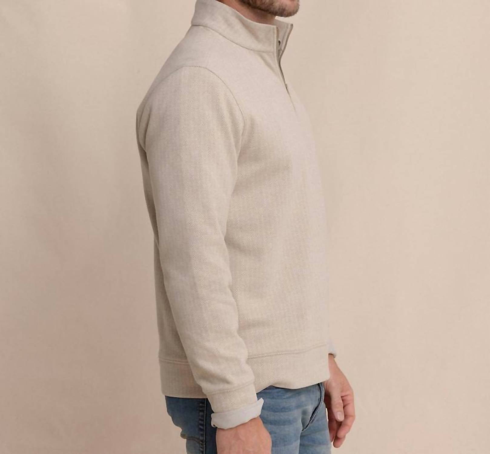 SOUTHERN TIDE Adler Lane Quarter Zip Sweatshirt in sandstone khaki - men's shirt - detail view