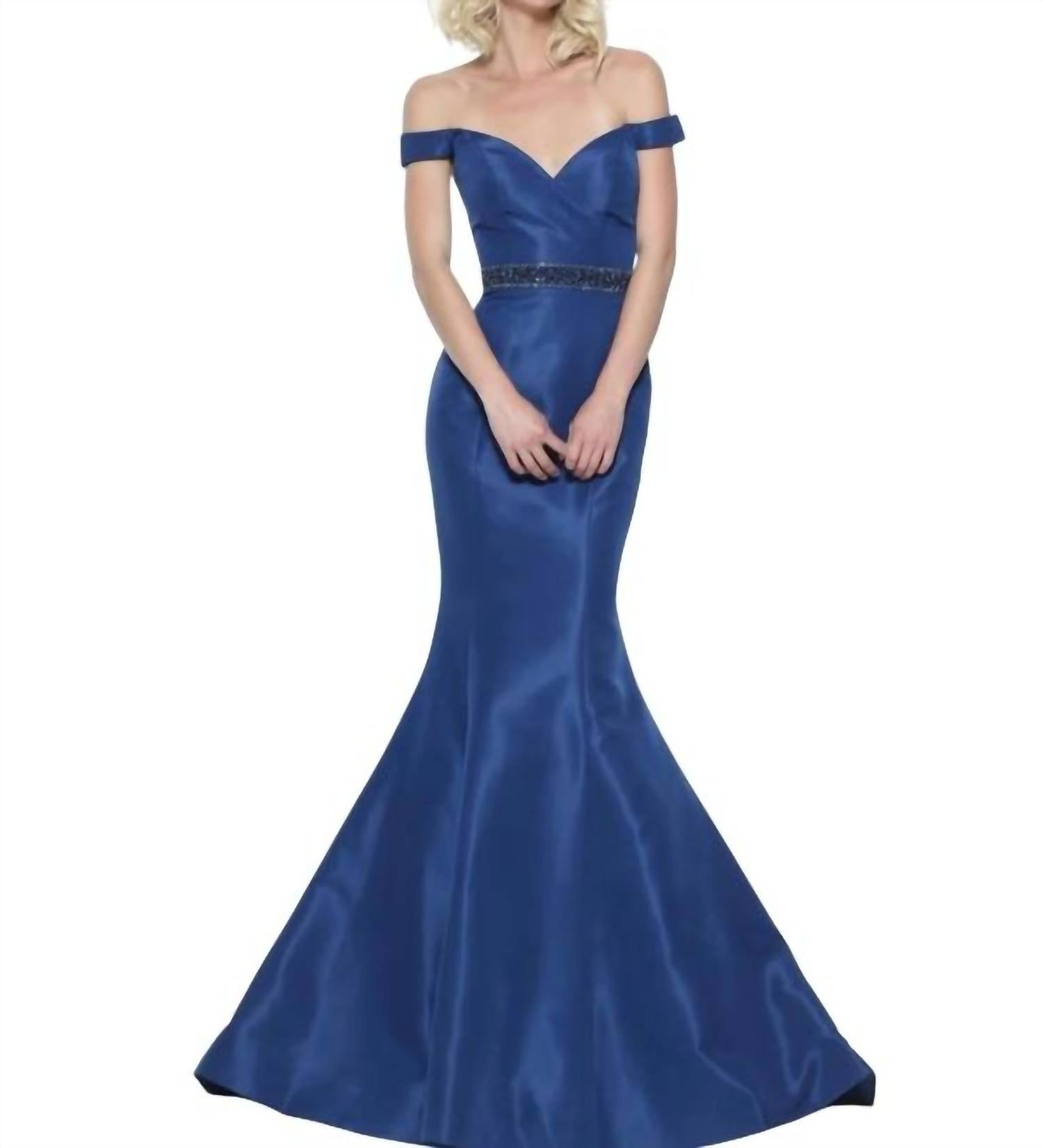 Sherri Hill Off Shoulder Taffeta Mermaid Gown in navy - women's dress