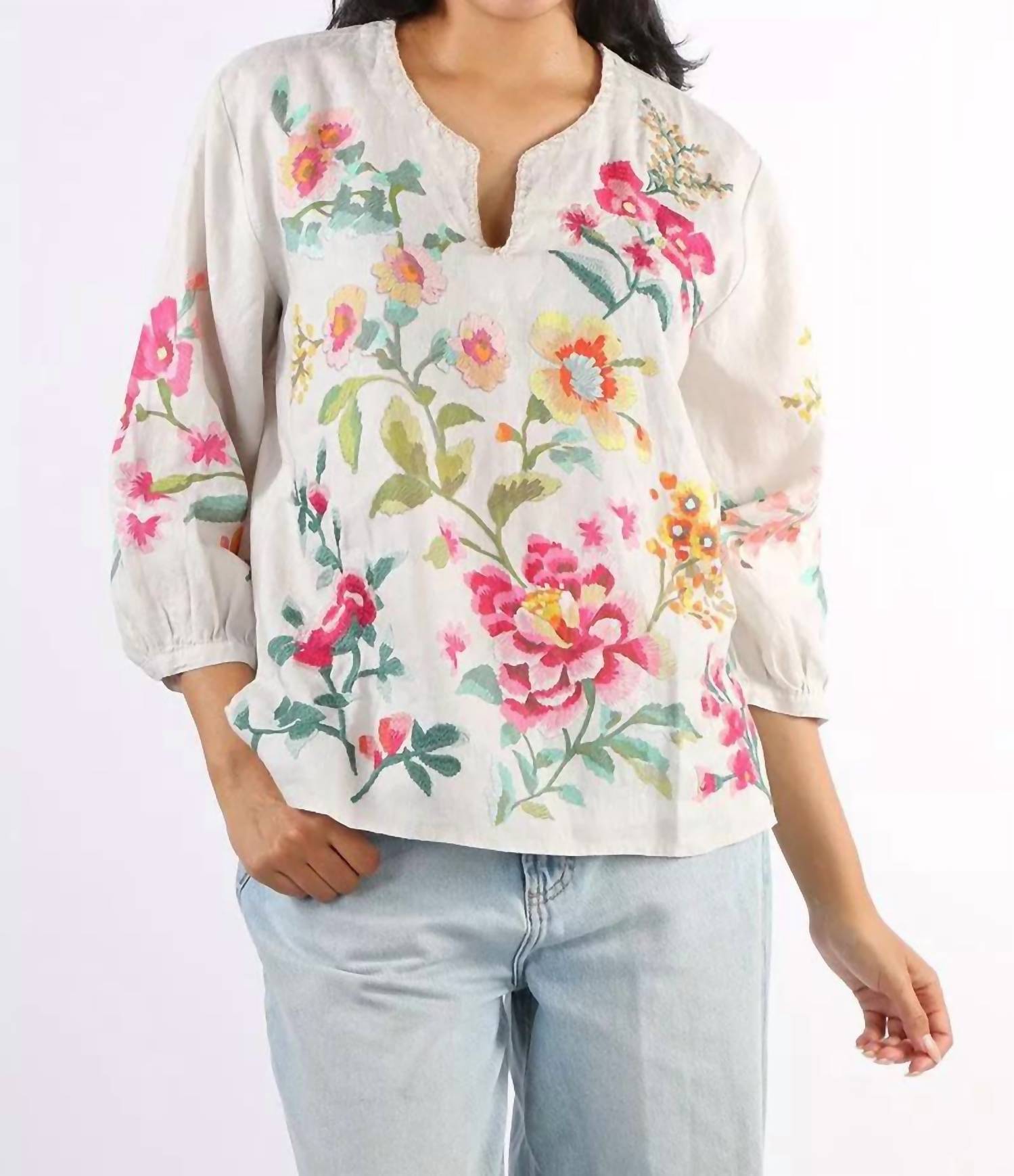 Johnny Was Split Neck Linen Blouse in ecru miraze - women's blouse