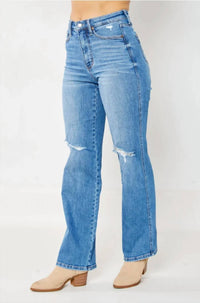 Judy Blue - Women's Leo Tummy Control Destroy Knee Straight Denim Jeans