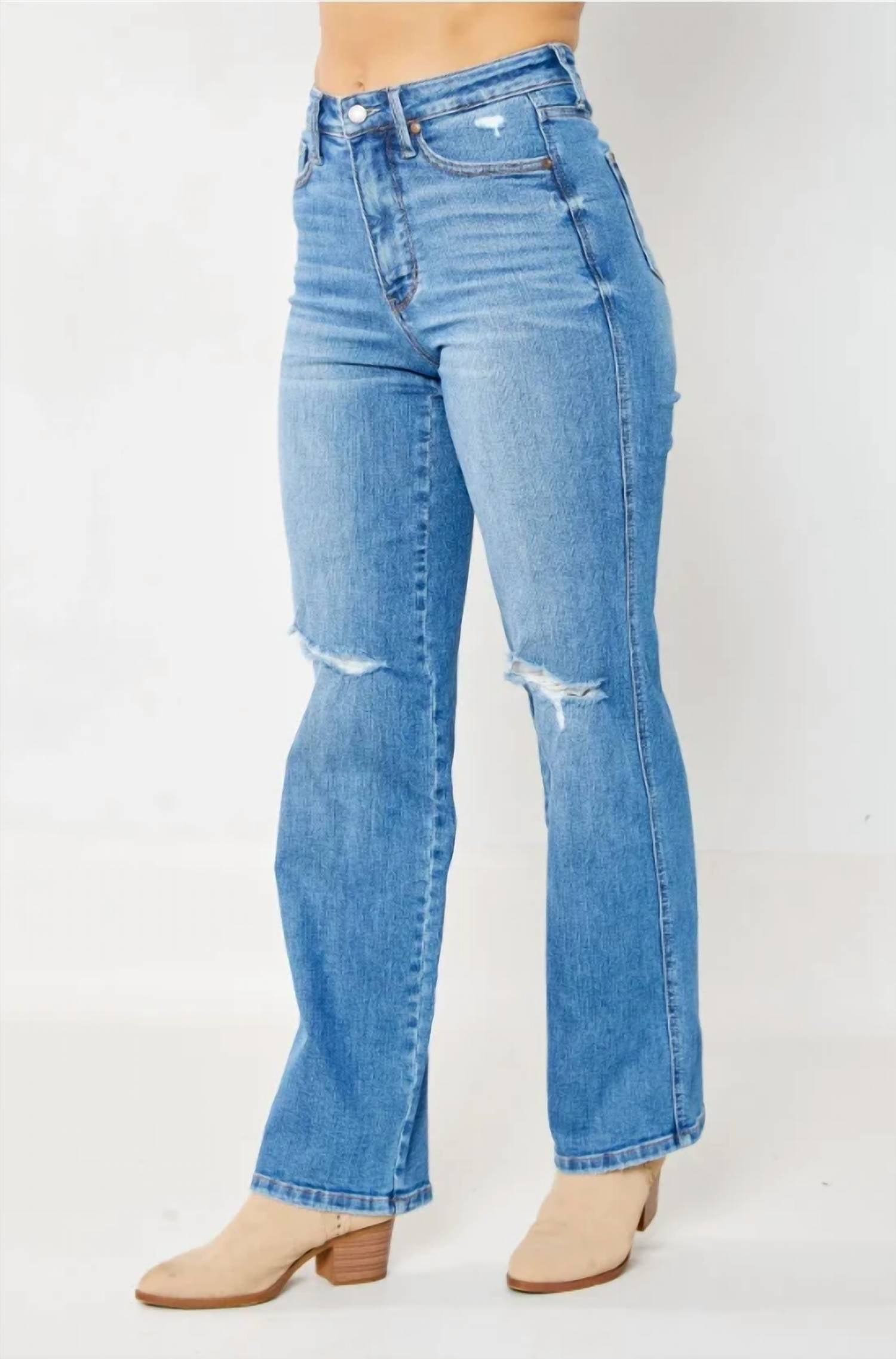 Judy Blue - Women's Leo Tummy Control Destroy Knee Straight Denim Jeans