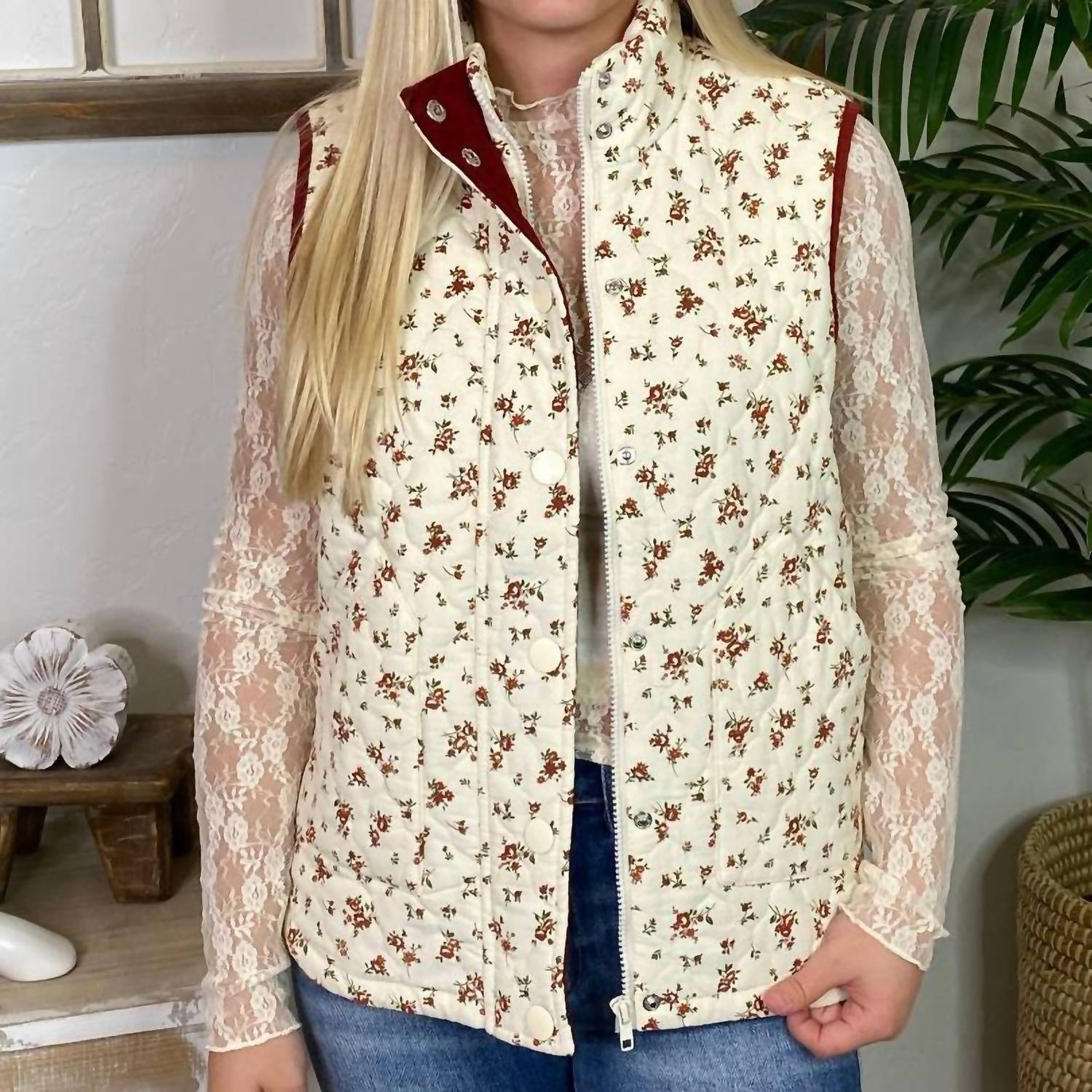Blu Pepper - Floral Quilted Zip Up Vest