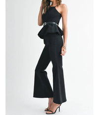Endless Blu. - Rhinestone Belted Boot Cut Romper