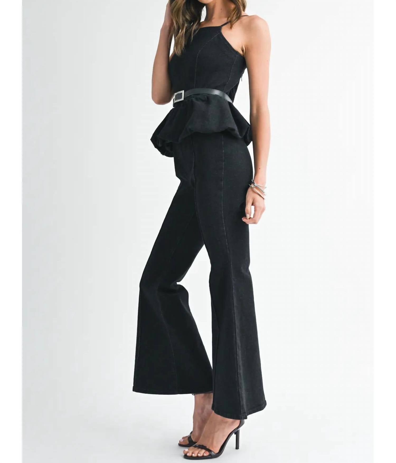 Endless Blu. - Rhinestone Belted Boot Cut Romper
