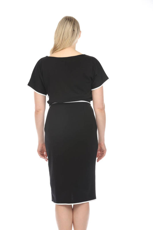 Joseph Ribkoff - Contrast Trim Waist Tie Front Slit Sheath Dress